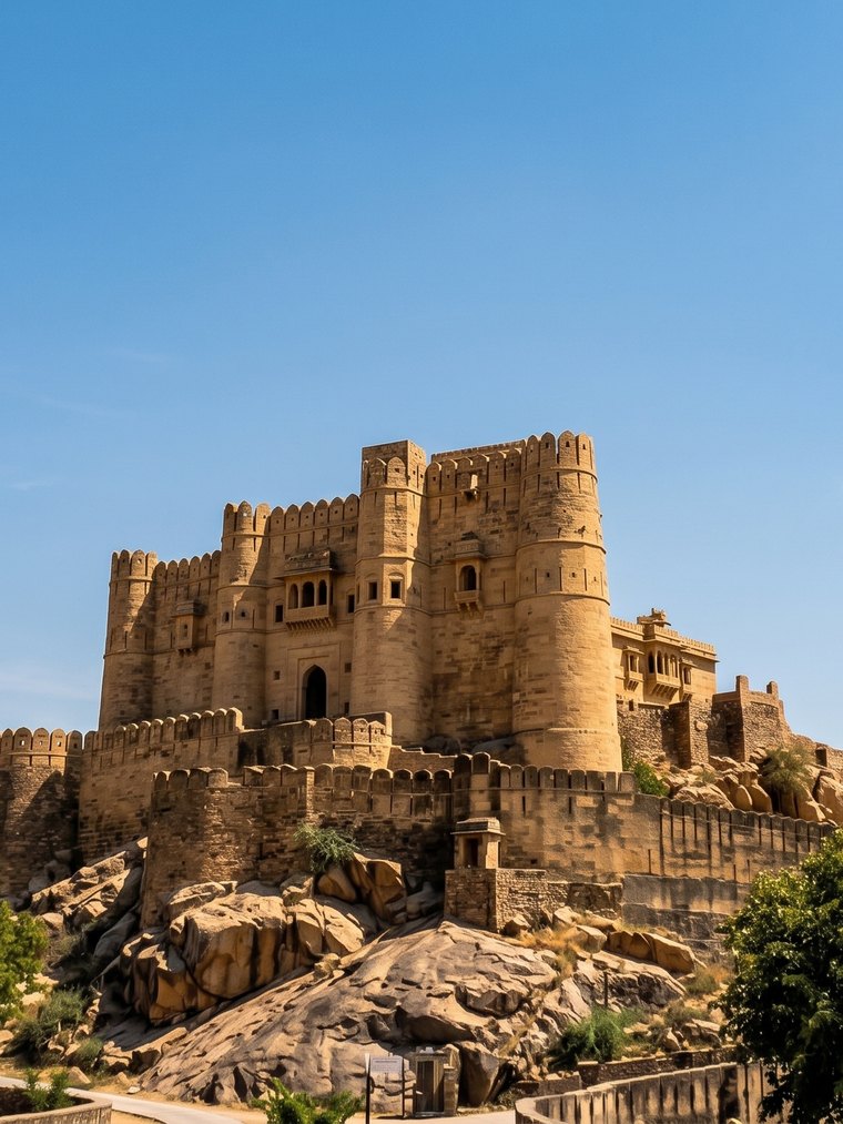 Alila Fort Bishangarh by day, honey sandstone against a clear sky